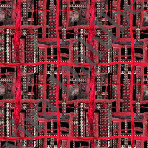 Digitalt textilmönster i rött, svart och vitt med geometrisk struktur, designat av Elvira Dahlberg